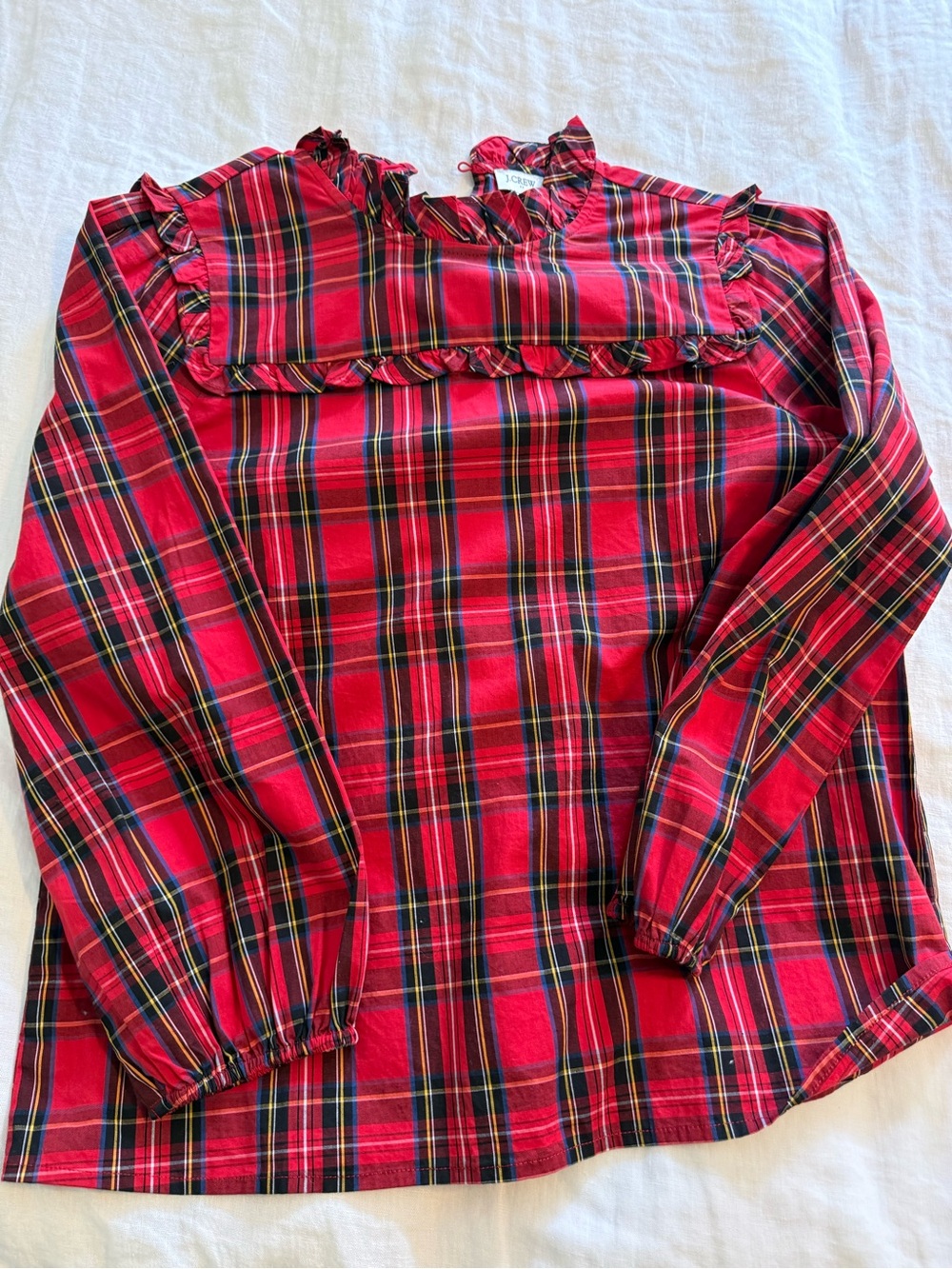 J. Crew Red Plaid Ruffle Yoke Long-Sleeve Tee